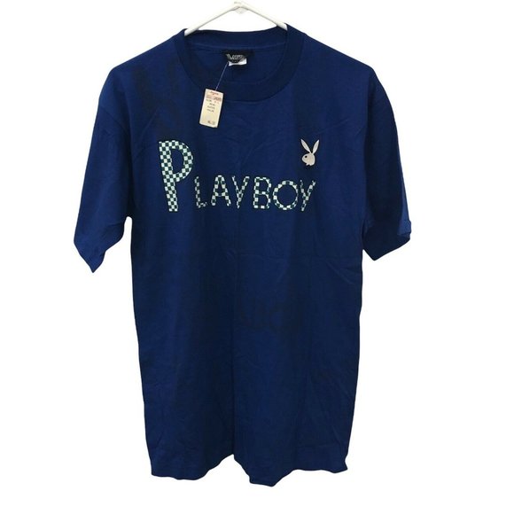 Vintage Playboy T-shirt Single Stitch Blue Check Bunny Spellout Logo USA Size L